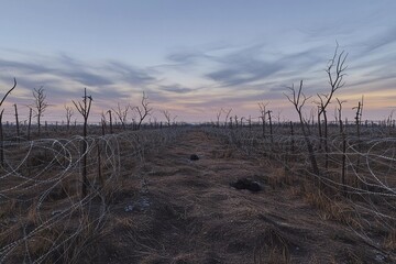 Panoramic view of no man's land at Western Front showcasing barren landscape under twilight sky
