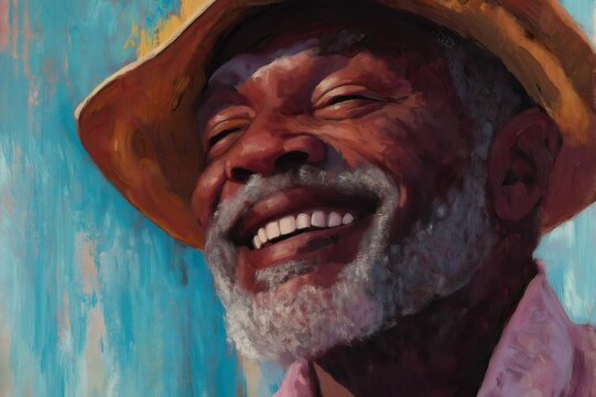 Close up oil painting of a cheerful farmer wearing a hat and smiling, expressing happiness and positivity