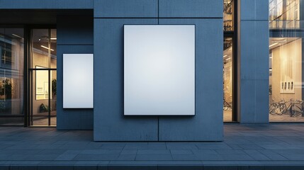 Blank Square Advertisements on Urban Wall of Modern Building with Glass and Concrete Facade in Bright Daylight Setting