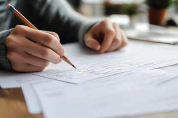 Close up of hands holding a pencil while filling out a multiple choice test form on a desk, emphasizing focus and attention to detail