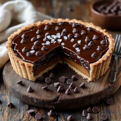 Delicious chocolate tart with a rich filling topped with chocolate chips and sea salt on a rustic wooden board