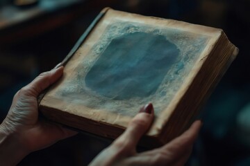 Close up of hands gently holding a vintage book with faded cover, revealing the texture and age of...