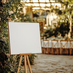 Elegant outdoor venue features a blank easel surrounded by lush greenery and beautifully arranged tables for a special occasion in afternoon light