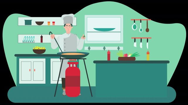 Depict the Masterchef concept through vector character animation. Characters create and present gourmet dishes in a visually clean, scalable animation style.