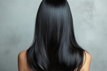 Fototapeta premium Long, glossy black hair cascading down the back of a woman against a soft gray background in a serene, minimalist setting