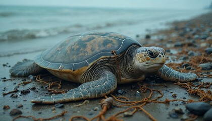Obraz premium Sea Turtle on Beach Entangled in Fishing Net