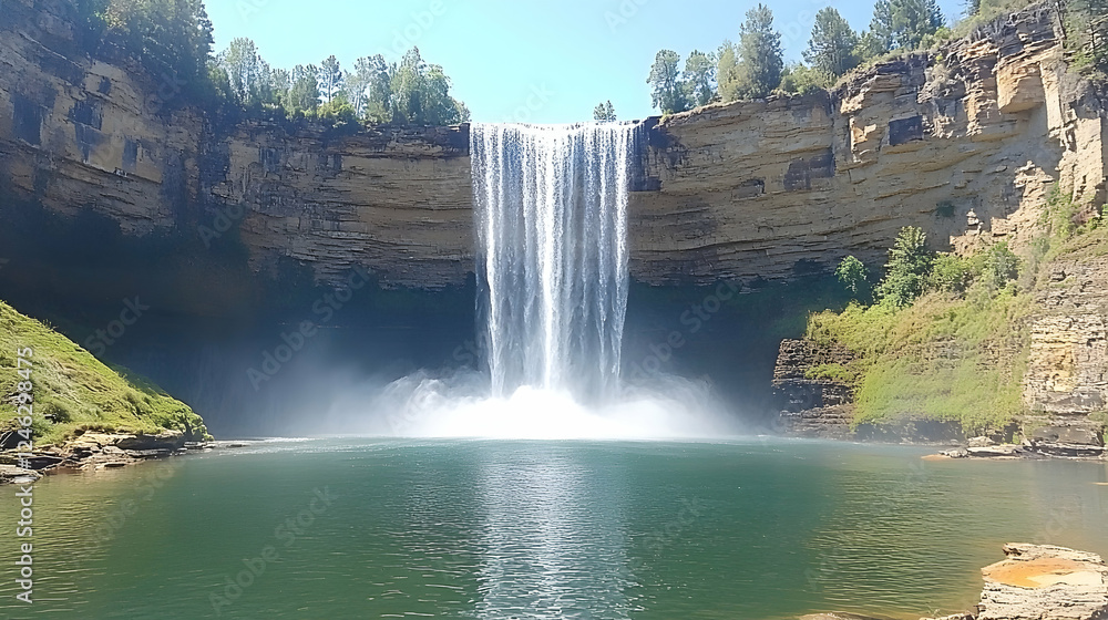 Poster majestic waterfall cascading down a cliff face into a tranquil pool, surrounded by lush greenery and