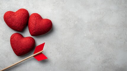 Obraz premium Red Velvet Hearts and Arrow on Gray Background