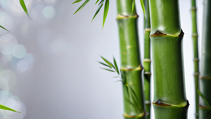 Focused image of green bamboo stalks surrounded by fresh, vibrant leaves in natural light capturing the serene and tranquil essence of nature, emphasizing ecological beauty and rejuvenation