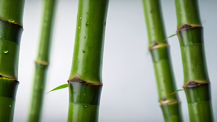 Obraz premium Focused image of green bamboo stalks surrounded by fresh, vibrant leaves in natural light capturing the serene and tranquil essence of nature, emphasizing ecological beauty and rejuvenation