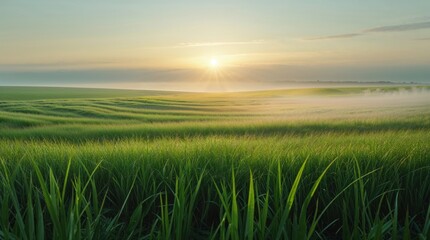 Fototapeta premium Serene sunrise over a vast, undulating field of vibrant green grass. The sun's rays pierce the morning mist, creating a breathtaking landscape.
