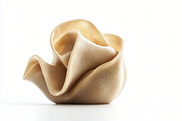 Elegant golden fabric sculpture on white background capturing light and shadow texture