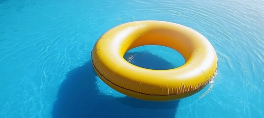 Bright Yellow Inflatable Ring Floating in a Sparkling Blue Swimming Pool on a Sunny Summer Day