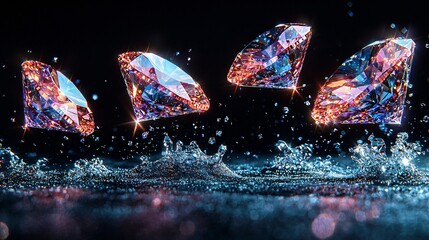 Sparkling Jewels Dropping onto Clear Water Surface with Splashes and Dark Backdrop.