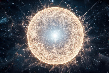 Planet composed of pure light radiates energy in a detailed cosmic landscape at night