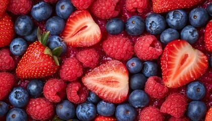 A vibrant assortment of fresh strawberries, blueberries, and raspberries arranged together, showcasing their rich colors and natural textures.