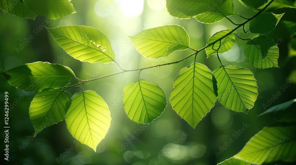 Poster sunlight filtering through vibrant green leaves on a branch in a serene forest setting