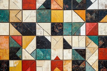 Colorful mosaic pattern featuring diverse geometric shapes in a vibrant design