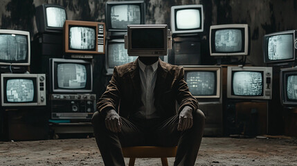 A dystopian scene of a man with an old television for a head sitting in a dark room surrounded by vintage TV sets symbolizing media overload and control
