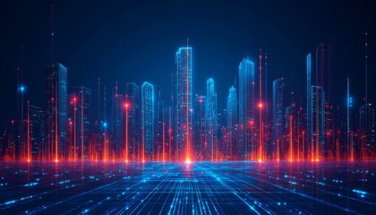 Fototapeta premium Dynamic Urban Landscape at Night with Luminous Connection Network. Vector Illustration