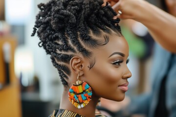 Woman with intricate natural hair styling is receiving a professional makeover. Vibrant, colorful earrings accentuate her look, showcasing cultural beauty and elegance