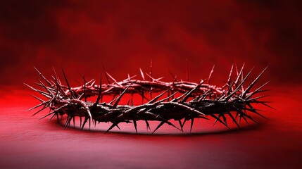 Naklejka premium Crown of thorns placed on a red surface with dramatic lighting highlighting its sharp spikes