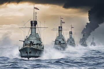 Royal Navy ships patrol during a fierce storm with turbulent waves and dramatic skies