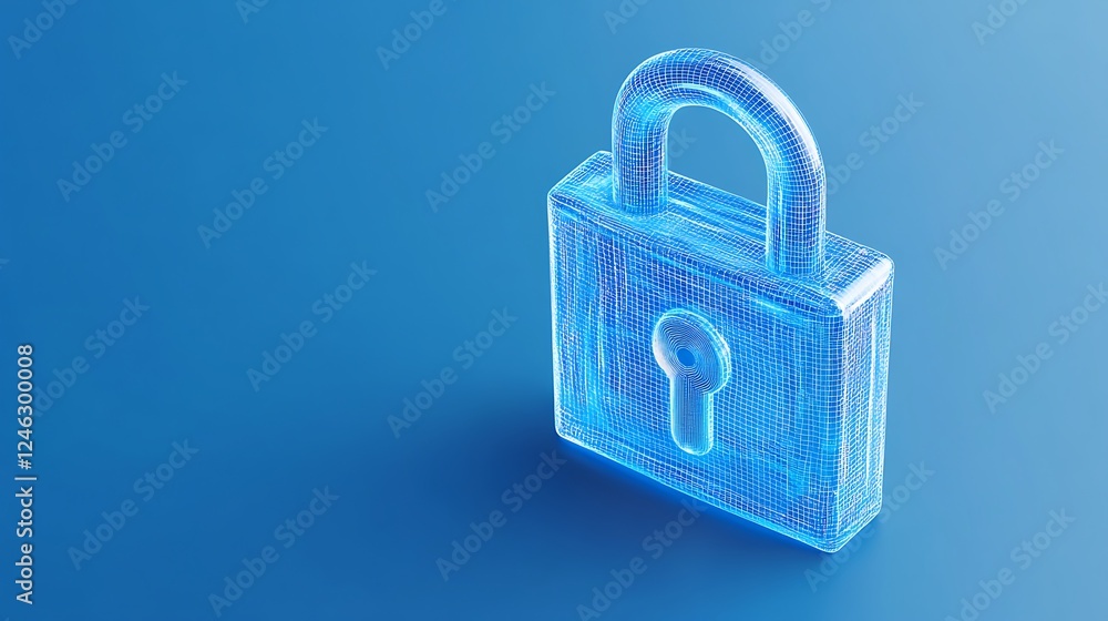 Poster digital blue wireframe lock design representing cybersecurity and data protection concepts
