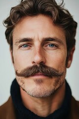 Fototapeta premium Handsome man with a prominent mustache poses confidently in a well-lit indoor setting with a neutral background during the day