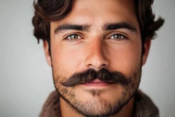 Obraz premium Close-up portrait of a man with a stylish mustache and expressive eyes showcasing natural skin tones and texture in a neutral setting
