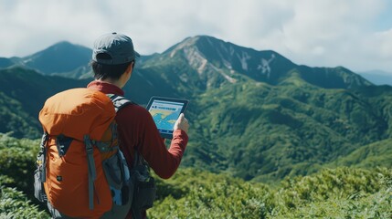 A hiker with a cloud computing app displayed on a tablet, planning the next leg of their journey in Japan.