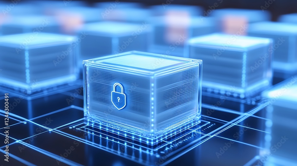 Poster digital data security concept with glowing boxes and padlock symbol representing information protect