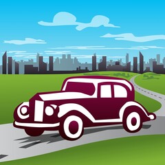 A classic car is depicted driving on a winding road that leads towards a city skyline in the background. The sky is bright with a few scattered clouds above the green landscape.