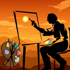 A silhouette of an artist paints a vibrant sunset on a canvas, with a palette and brushes nearby. The warm hues of orange and yellow color the sky, casting an inspiring glow over the scene.