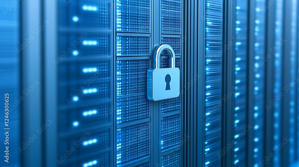 Aufkleber digital data security concept with padlock on server rack in blue light scenario