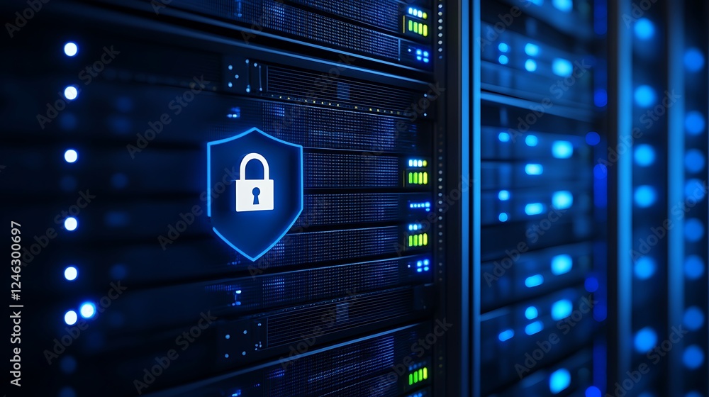 Aufkleber digital data security concept with server racks and padlock symbol in blue glow