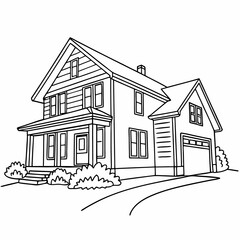 Family house in continuous line art drawing style.