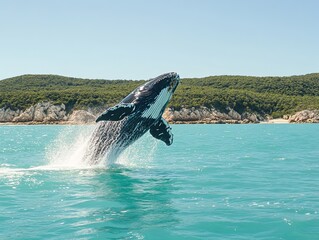 Fototapeta premium Magnificent Humpback Whale breaches the surface of a turquoise ocean near a tropical shore