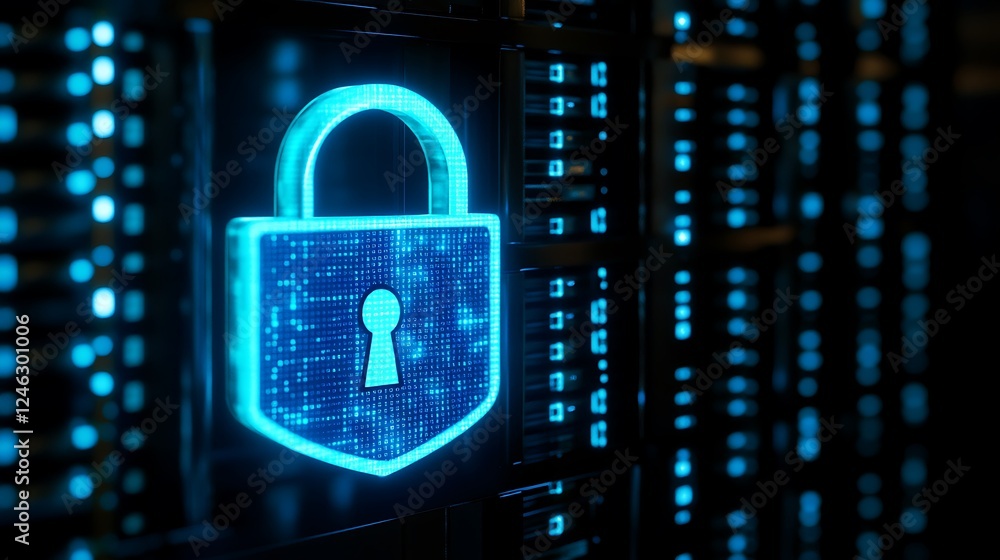 Poster digital lock and key icon representing data security and cyber protection in data center environment