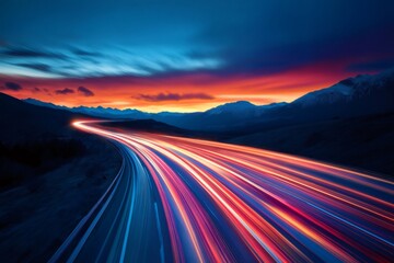 Light trails creating a colorful speed painting effect on a highway winding through mountains at sunset