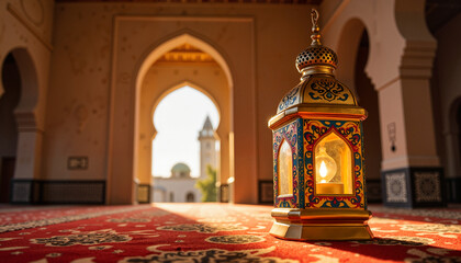 Obraz premium Colorful mosque lantern illuminating arched doorway, Eid al-Fitr harmony