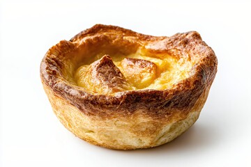 Delicious custard tart on a white background showcasing its golden crust and creamy filling
