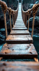 Obraz premium A wooden suspension bridge stretches over a serene body of water in a remote forest during early morning light