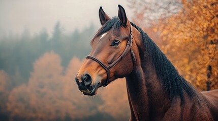 Obraz premium Chestnut horse portrait, autumn forest