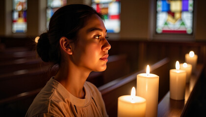 Young Asian woman reflecting during Maundy Thursday Mass in church, spirituality