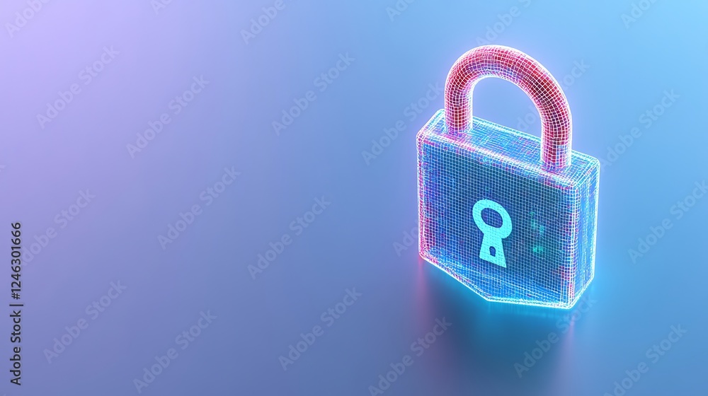 Poster digital lock icon in vibrant wireframe design for cybersecurity and data protection concepts
