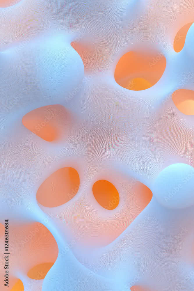 Poster a macro shot of interconnected spherical forms with ridged textures, bound by soft, strand-like