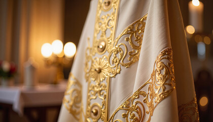 Ornate priestly vestments during Maundy Thursday, sacred atmosphere