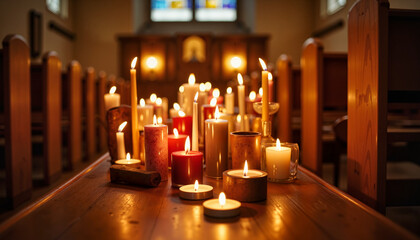 Candlelit spiritual ambiance in church for Maundy Thursday, reflection
