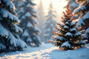 Snowflakes gently falling on conifer trees with bright orange leaves, wood, color